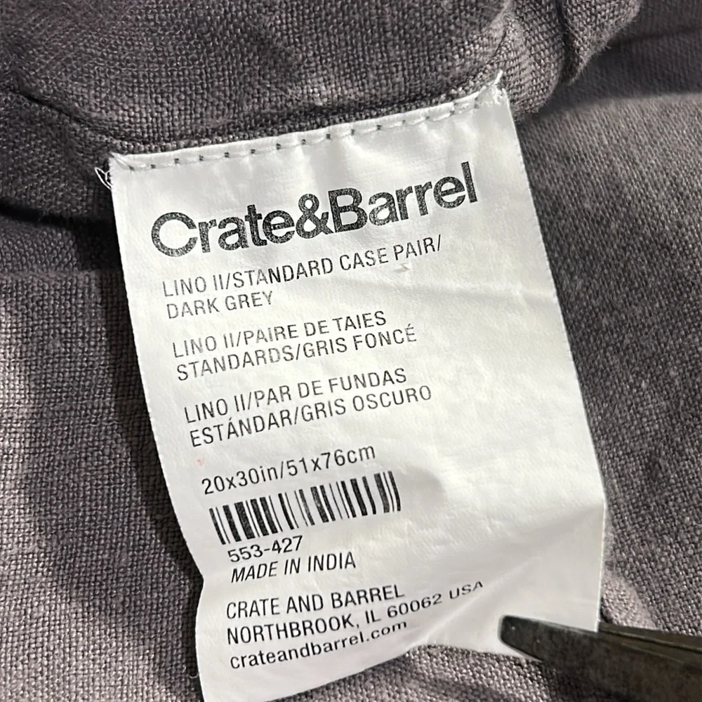 New Crate & Barrel Standard Pillow Case Pair. Lino II Dark Grey 100% Linen